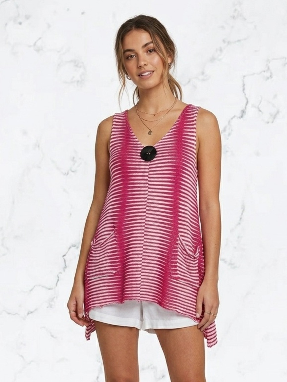India Boutique Pink Striped V-Neck Sleeveless Tunic with Pocket